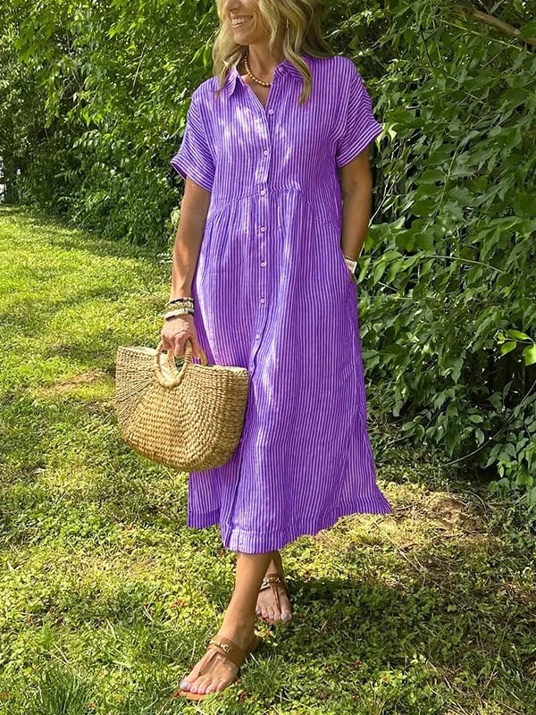 Vestido camiseiro às riscas com lapela e botões | Com bolsos práticos