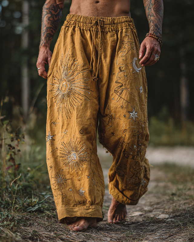 Men's casual star and moon 3D embroidered linen trousers 6f28