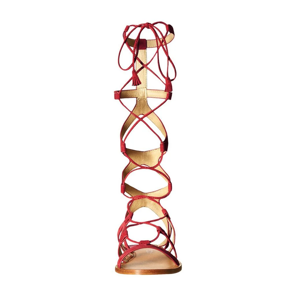Casual Lace Up Knee High Flat Red Gladiator Sandals for Women