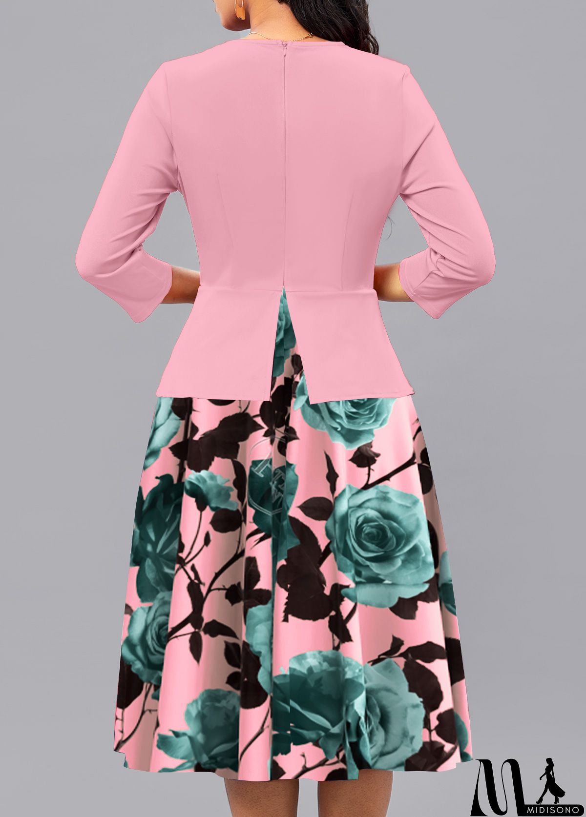 MidiSono - Pink Patchwork Floral Print 3/4 Sleeve Square Neck Dress