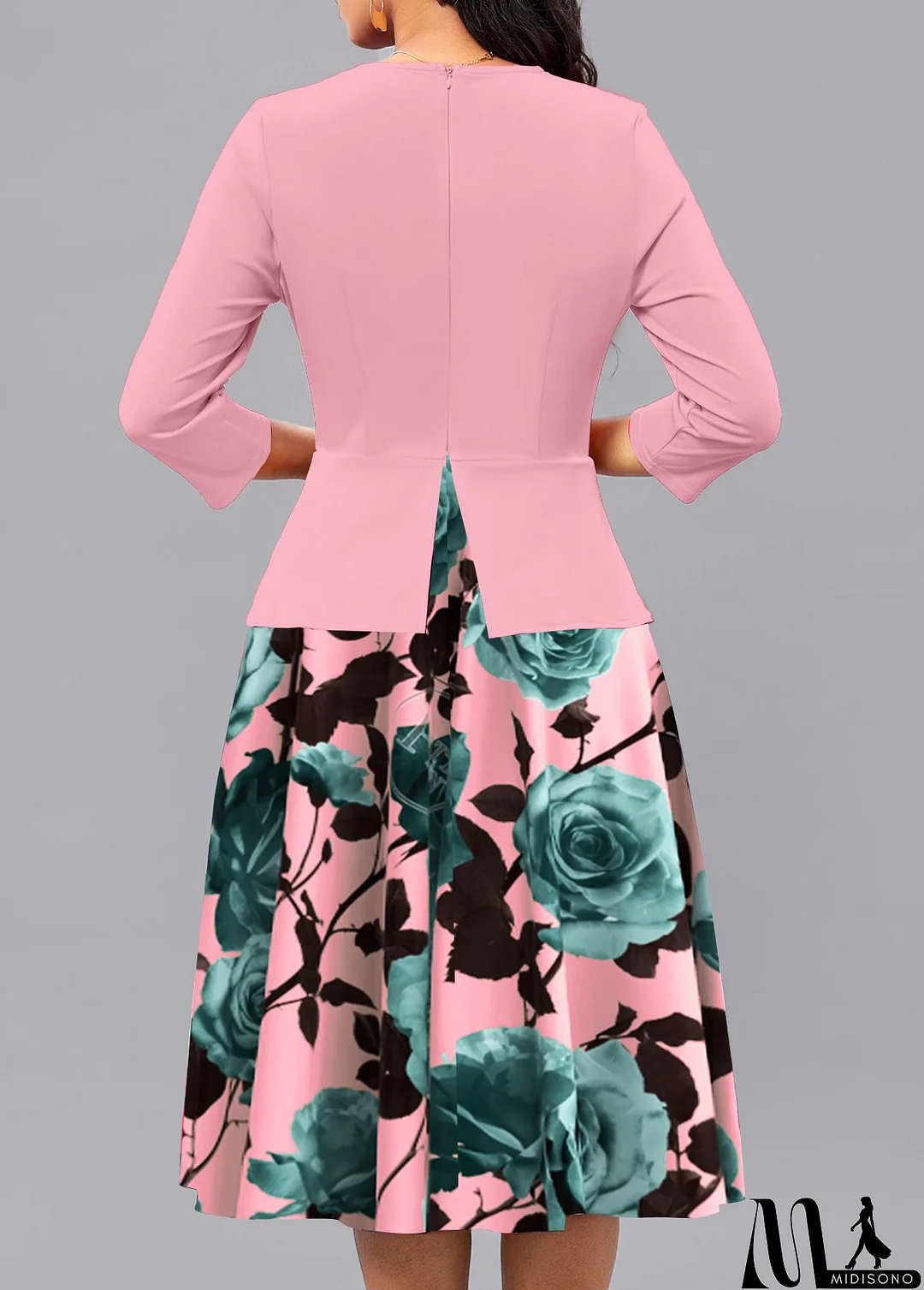 MidiSono - Pink Patchwork Floral Print 3/4 Sleeve Square Neck Dress