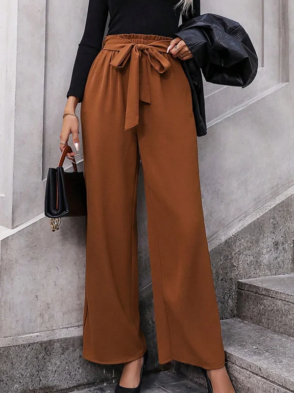 Elasticity Solid Color Tied Waist High Waisted Loose Trousers Pants