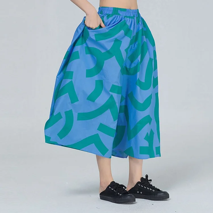 Casual Loose Contrast Color Printed Irregular Hem Print Wide Leg Pants