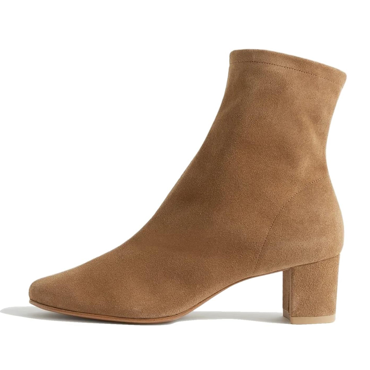 Faux Suede Round Toe Side-Zip Block Heel Ankle Boots in Tan