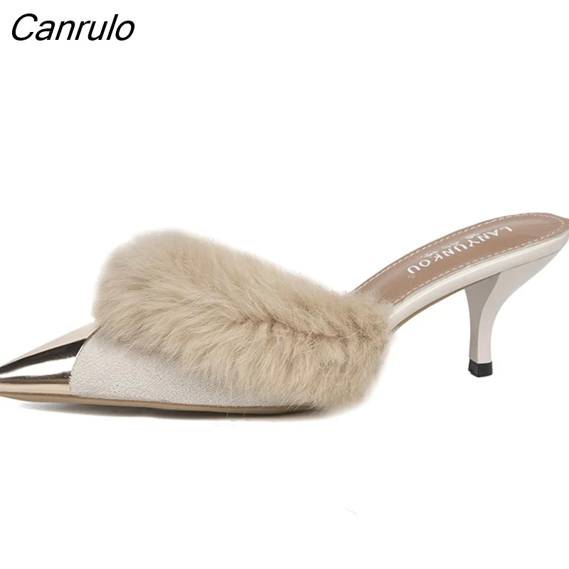 Canrulo Toe Women Fur Mules Slippers Summer Slides Women Fashion Party Dress Thin High Heel Shoes Ladies Sandals