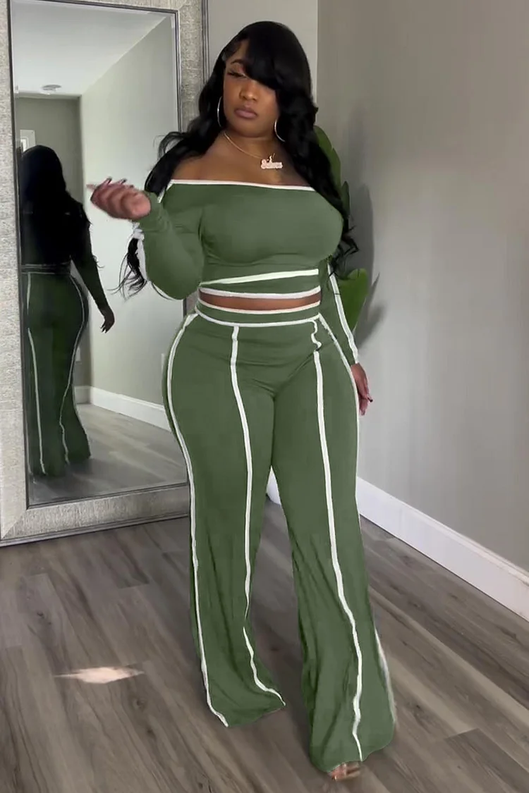 Off Shoulder Top Colorblock Edge High-Rise Pants 2pcs Set-Green [Pre Order]