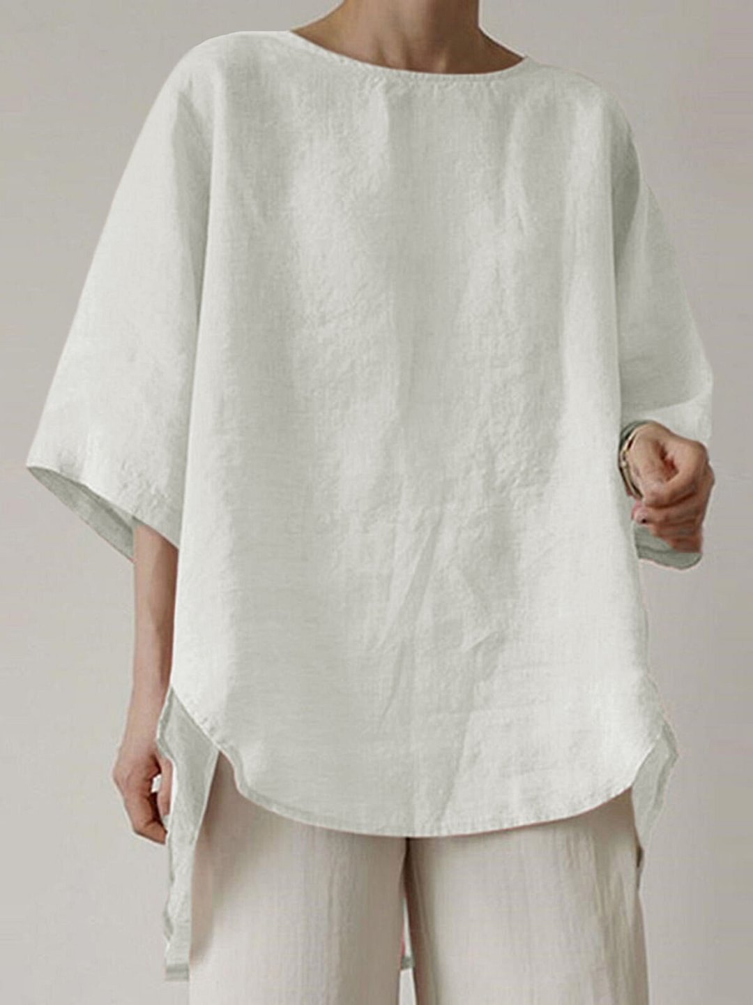 Women's Casual Pure Color Half Sleeve Cotton And Linen Shirt