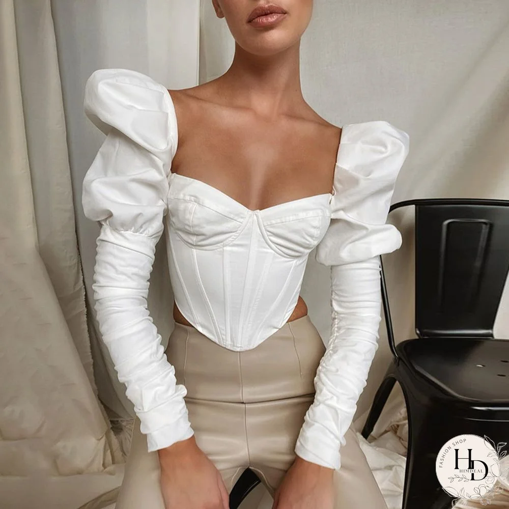 Elegant Romantic Irregular Croped Corset Top Women Stylish Puff Sleeve Vacation Crop Top Skinny Casual Streetwear Female