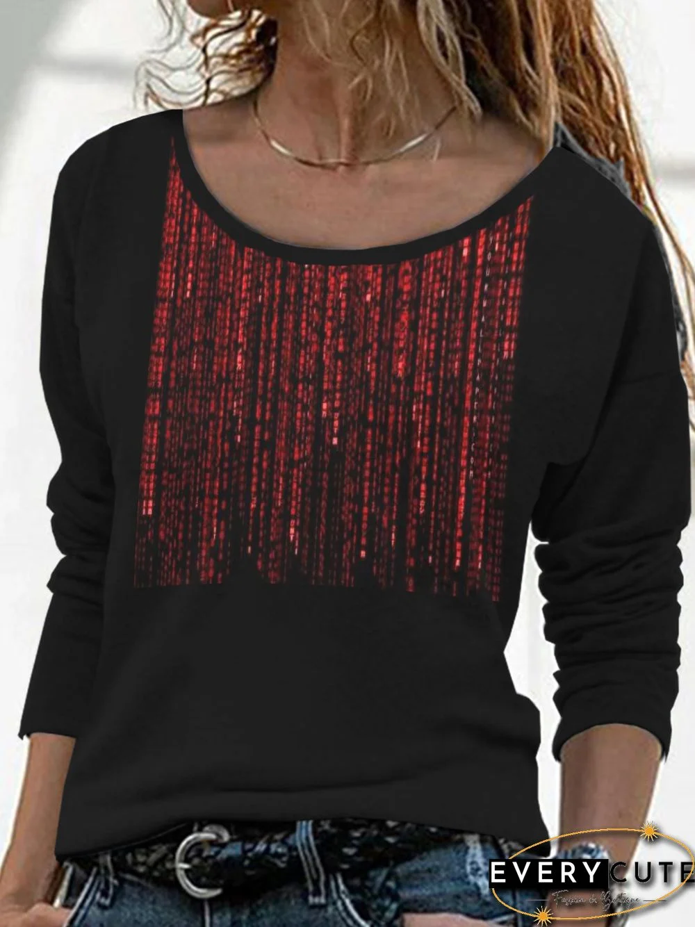 Sequins Long Sleeve Crew Neck Plus Size Casual Tops