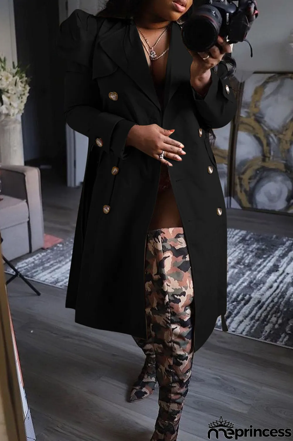 Khaki Casual Solid With Belt Turndown Collar Outerwear