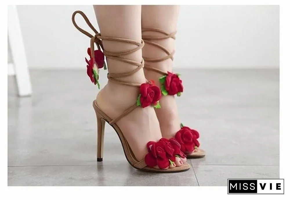 Fan Ming Star T-Taiwan Show Roses Cross Lacing Women Sandals High Heels Lady Casual Lace-Up Dress Party Shoes Wedding Shoes