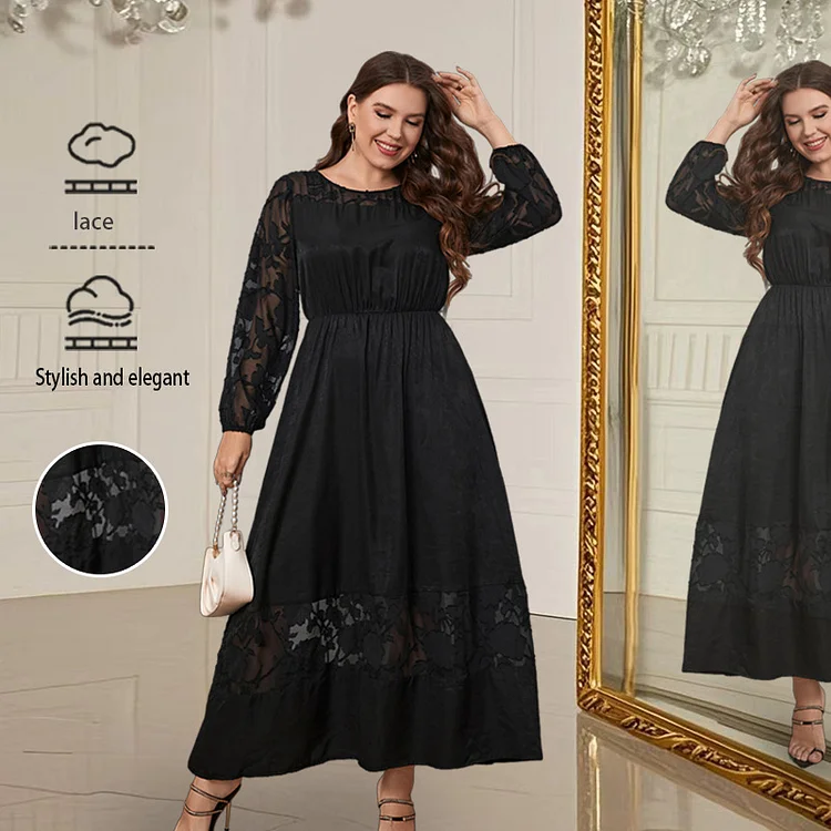 Plus Size Elegant Lace Dress: Black Long-Sleeve Over-The-Knee Cut 