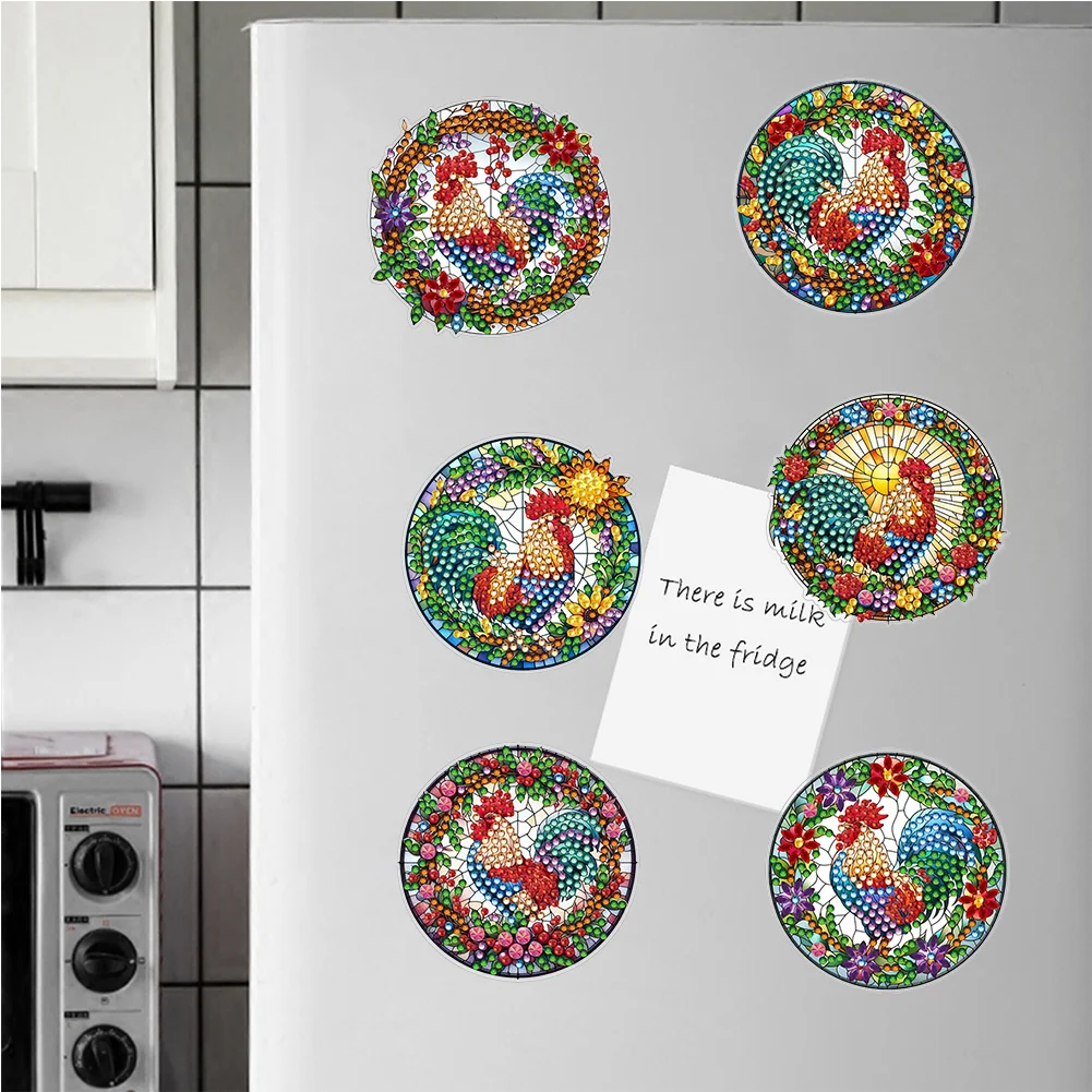  6 Pcs Rooster Diamond Painting Cartoon Fridge Magnetic Stickers