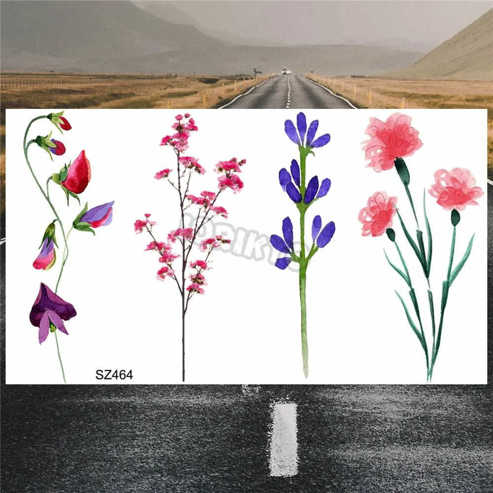 Black Poppy Flower Temporary Tattoos For Women Kids Realistic Lavender Plum Waterproof Fake Tattoo Sticker Tattoo Arm Body