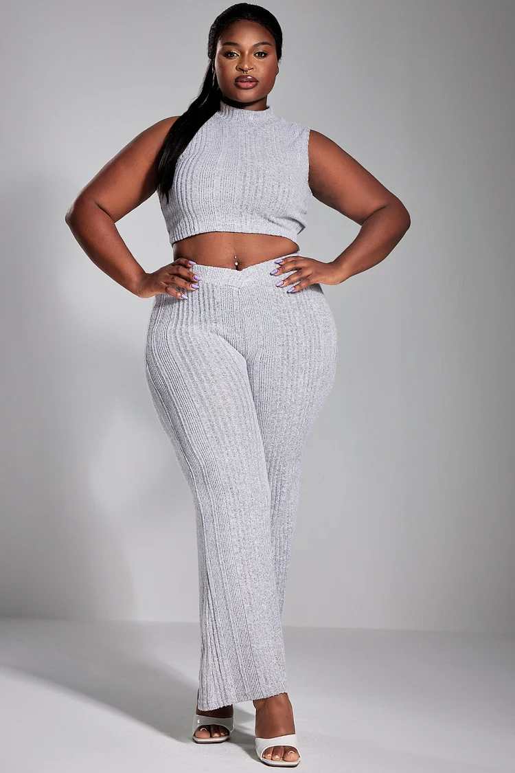 Xpluswear Design Plus Size Daily Pant Set White Stand Collar High Waist Crop Knitted Two Piece Pant Set [Pre-Order]