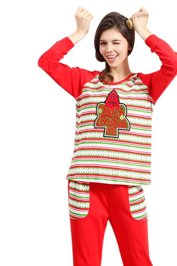 Womens Long Sleeve Striped Christmas Tree Printed Pajama Set Red-elleschic