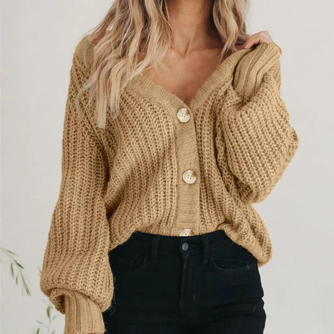 Oversized Ribbed Button Cardigan with V-Neck