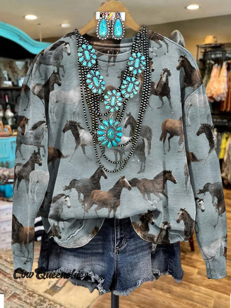 Turquoise Horse Print Casual Sweatshirt Multicolor / S