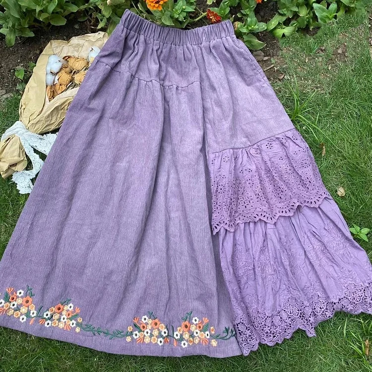 Queenfunky cottagecore style Forestcore Embroidered Corduroy Lace Skirt QueenFunky