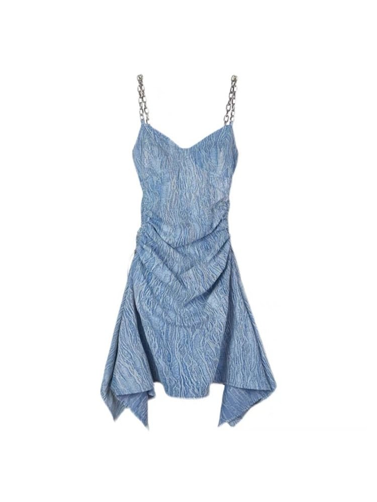 2022 New Summer Women Fashion Sexy Halter Dress Evening Pleated Sleeveless Blue Tie-Dye Plus Party Midi Skirt Design Aesthetic