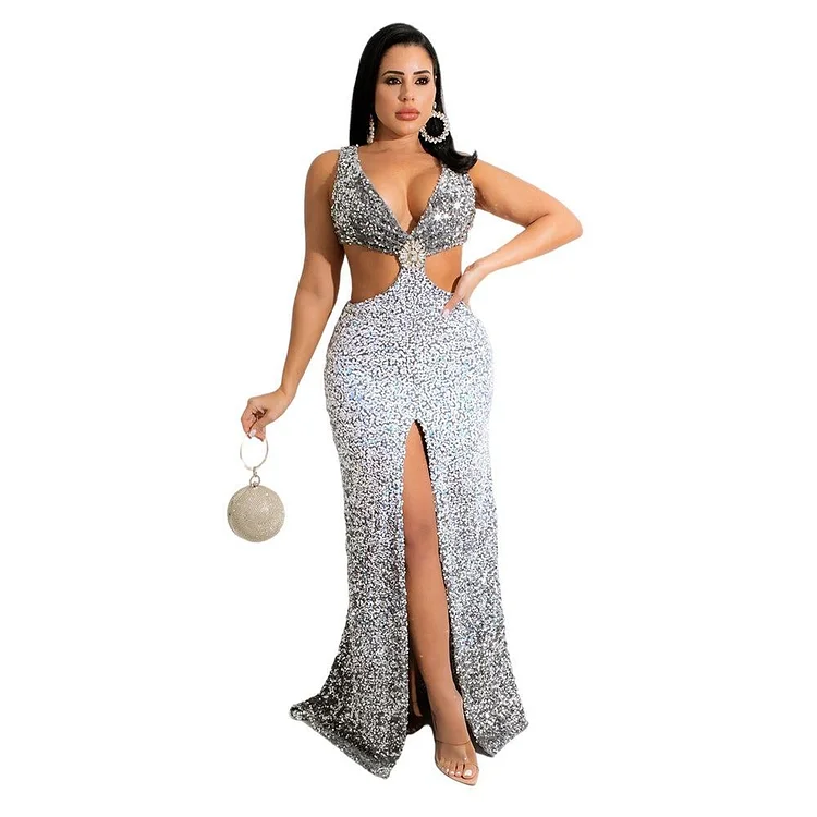 Promsstyle Promsstyle Deep v neck wide cutout slit sequin floor length dress Prom Dress 2023