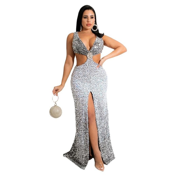 Promsstyle Promsstyle Deep v neck wide cutout slit sequin floor length dress Prom Dress 2023