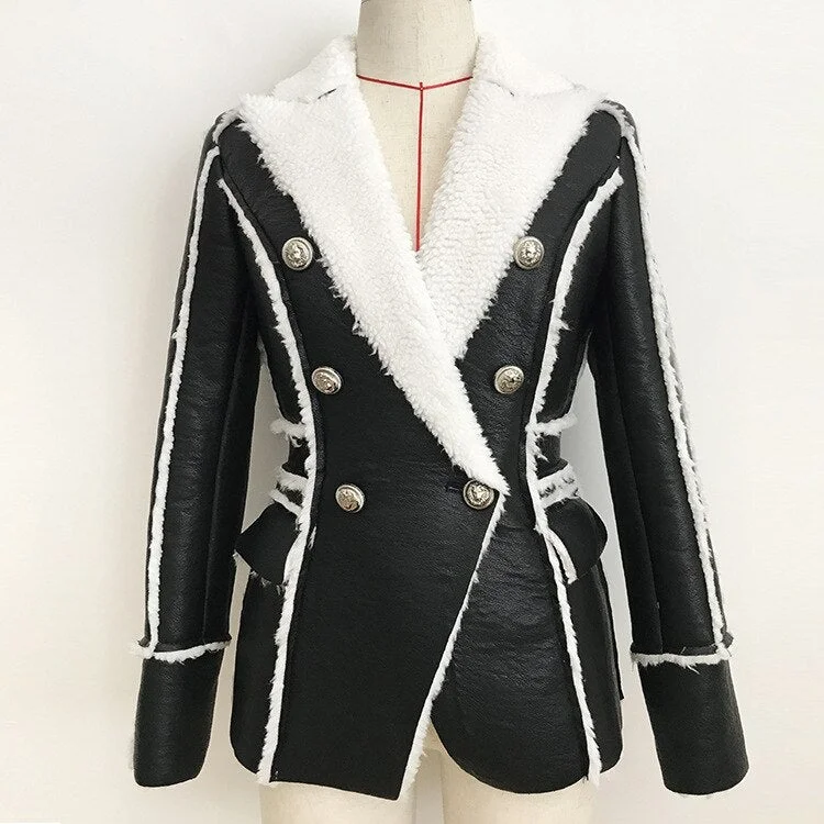 Fall / winter 2020 new European and American women's fur one piece lamb wool stitching PU leather suit collar long sleeve short