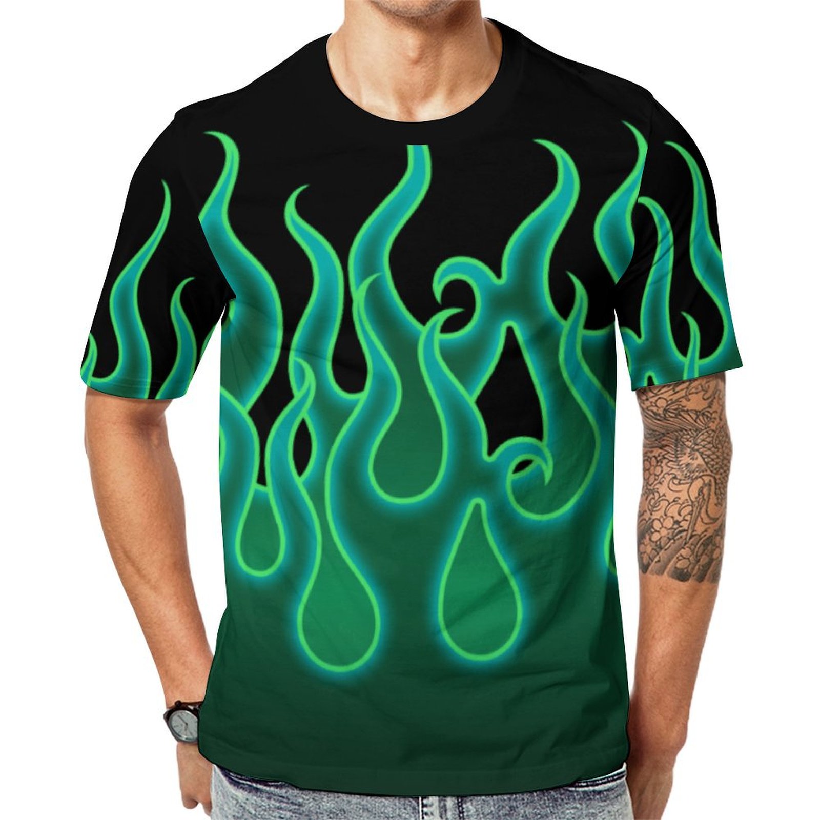 Green Fire Rockabilly Hot Rod Flames Short Sleeve Print Unisex Tshirt Summer Casual Tees for Men and Women Coolcoshirts