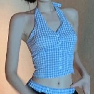 Crop V-Neck Low Gingham / Button-Up Pants Halter Waist Top Wide Leg