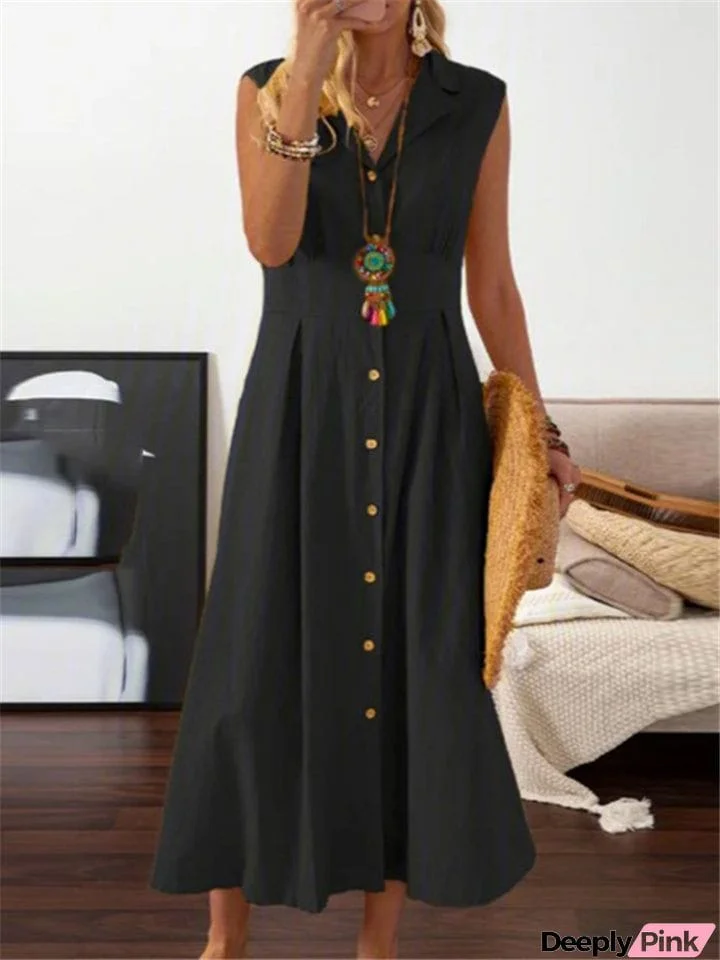 Turn-Down Collar Vintage Linen Sleeveless Long Dresses