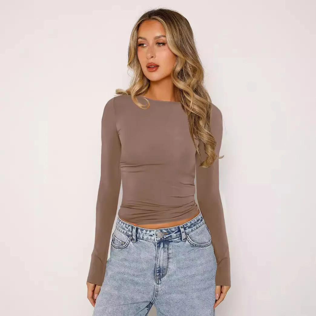 Athvotar Athvotar New Set-Up Bottom Shirt For Women Winter Solid Color Bottom Collar T-Shirt Sexy Hot Girl Slim Thin Long Sleeves