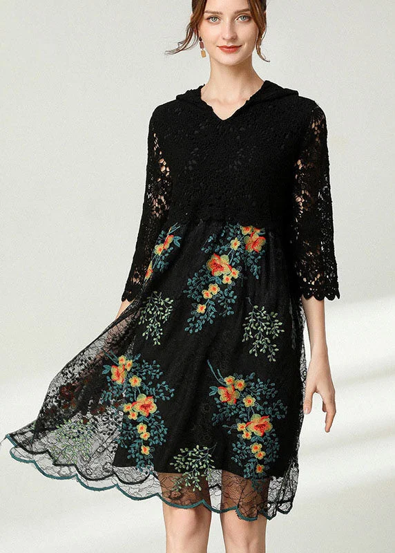 Plus Size Black Hooded Patchwork Lace Dress Spring