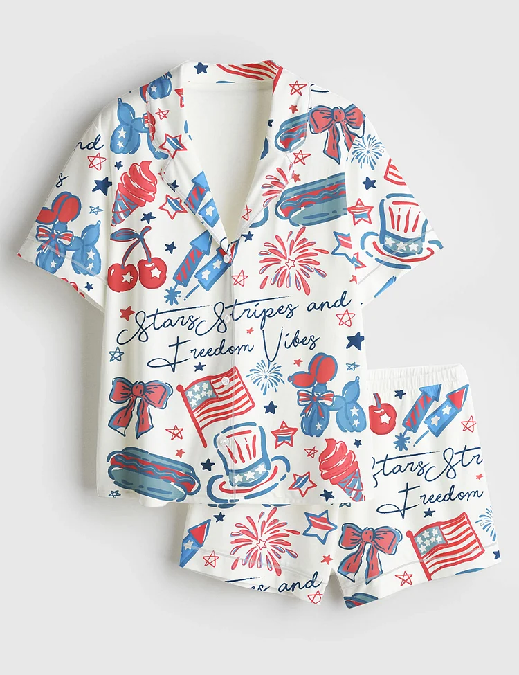 Women&rsquo;s America Stars Stipes And Freedom Vibes 4th Of July Girly Coquette America Print Short Sleeve Satin Pajama Set