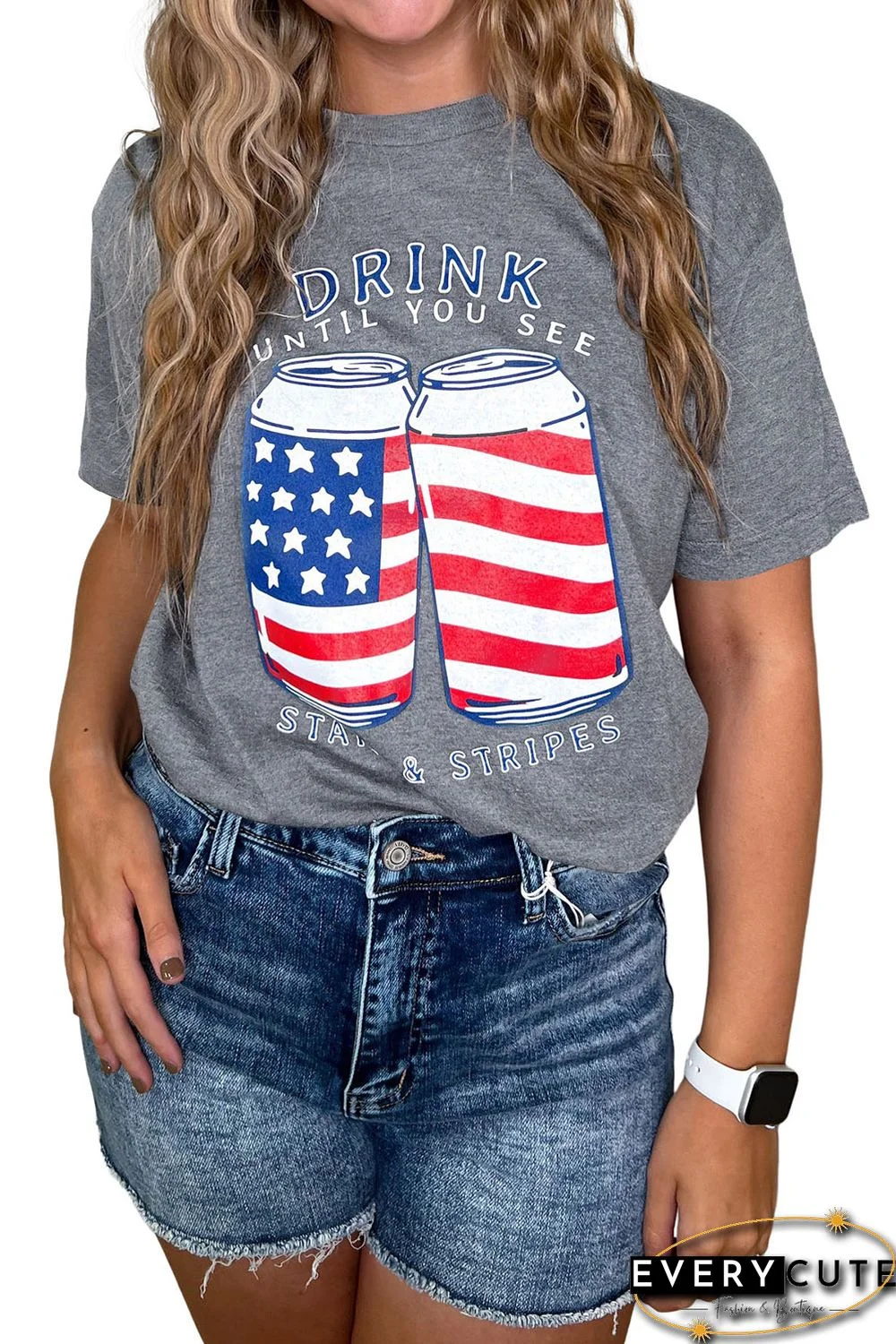 Gray US Flag Slogan Graphic Print Short Sleeve T Shirt