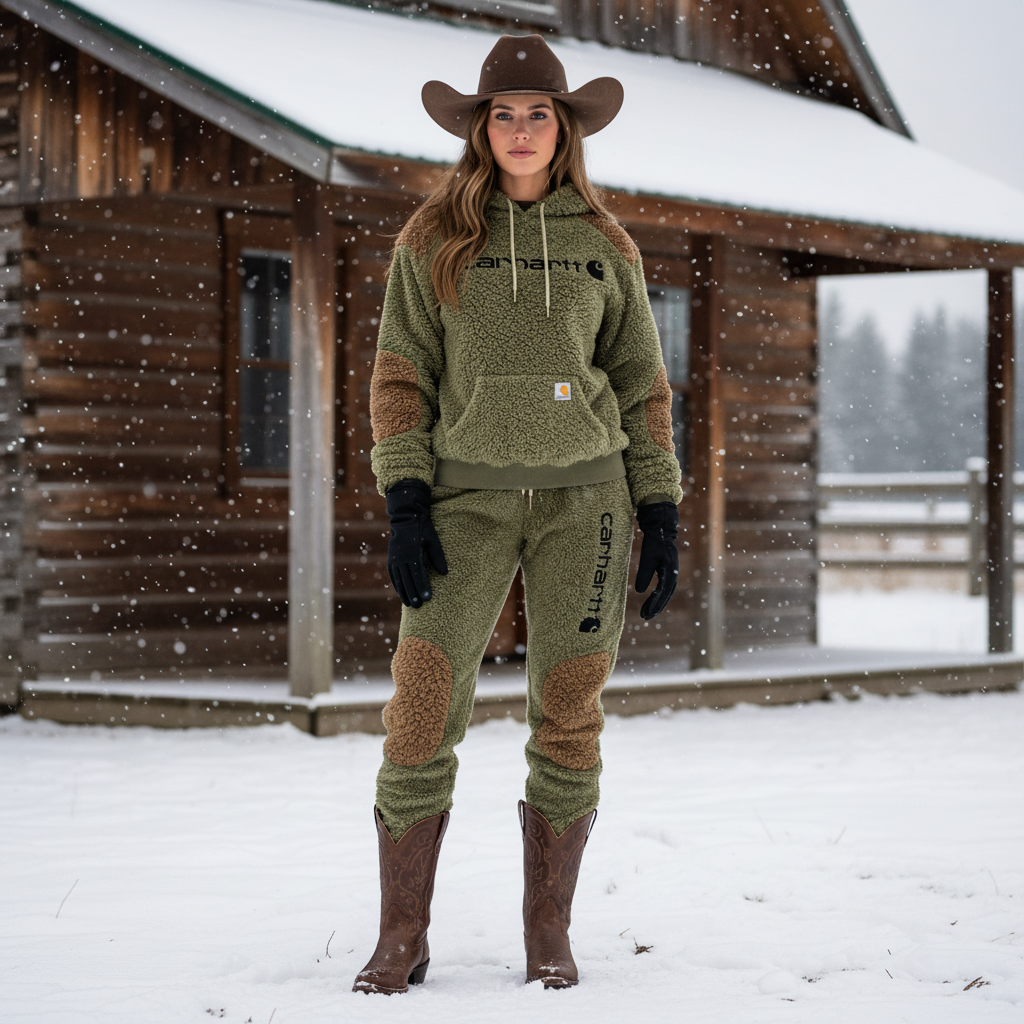 Women's Vintage Embroidered Fleece Olive Green Color Block Pocket Hoodie And Sweatpants Jogger Set