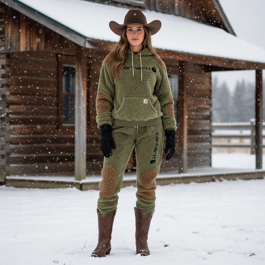 Women's Vintage Embroidered Fleece Olive Green Color Block Pocket Hoodie And Sweatpants Jogger Set