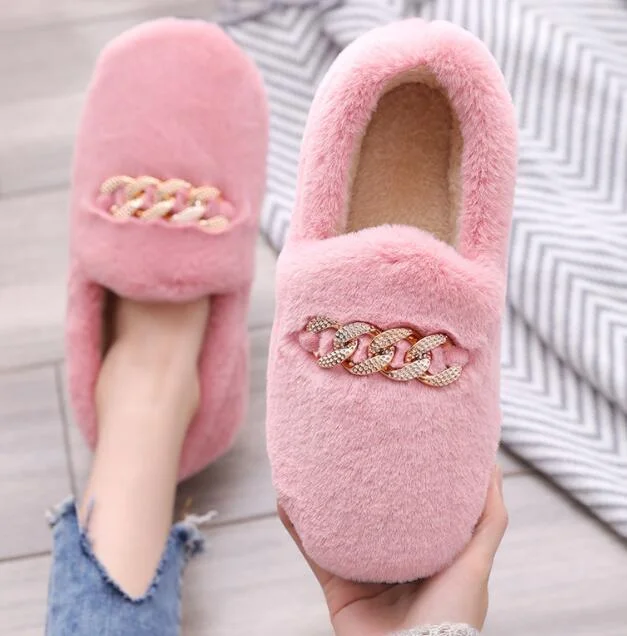 2020 Winter Fluffy Women Shoes Fashion Chain Warm Fur Flat Shoes Woman Indoor Slippers Causal Home Lady Shoes Platform Shoes