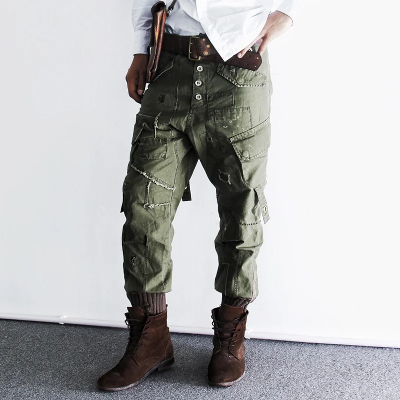Retro Distressed Ripped Military Uniform Wool Leggings Casual Pants