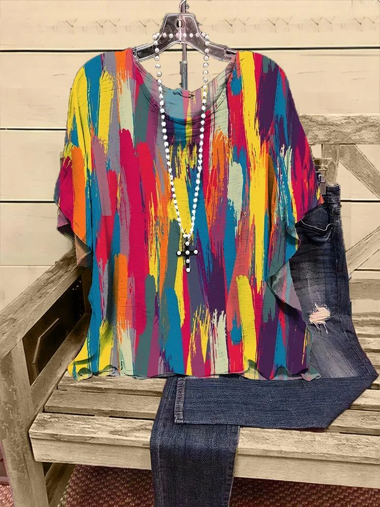 Women's Casual Multi-color Striped Print V-neck Half-sleeve T-shirt