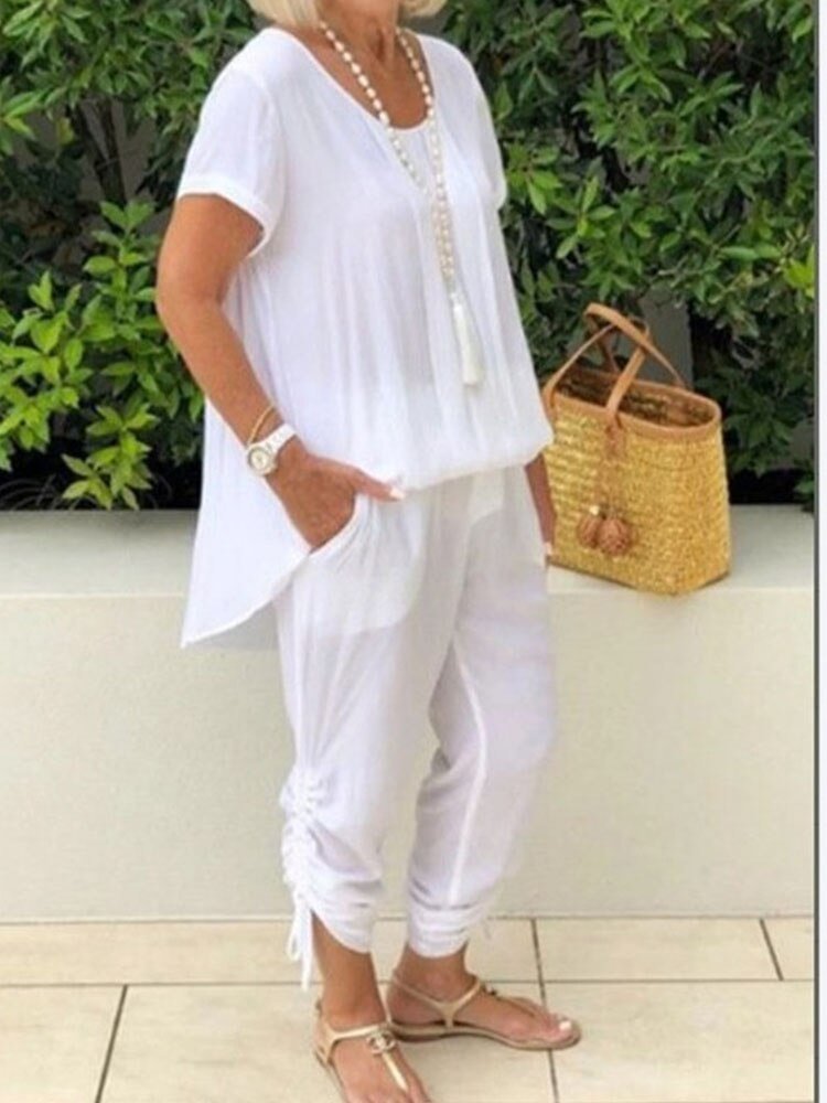 Women Summer Cotton Linen Sets Casual Solid Breathable Streetwear Suits Ladies Loose Long Wide Legs Pants Two Piece Sets