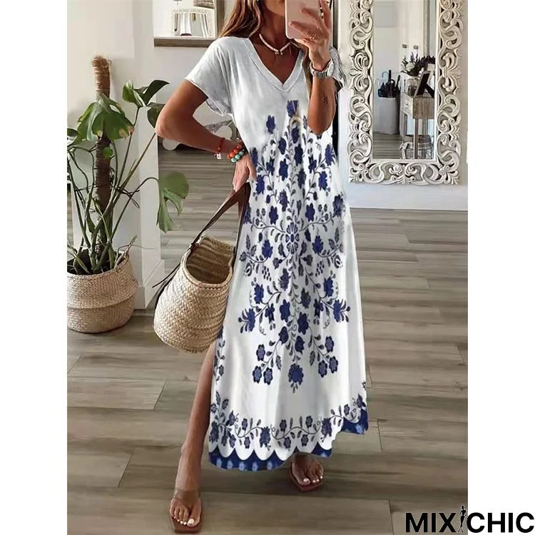 Casual V neck Floral Loosen Short Sleeve Knit Dress