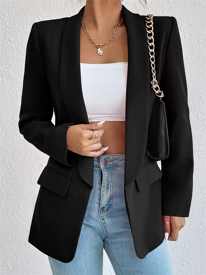 Women's Blazer Outdoor Pocket Plain Windproof Fashion Regular Fit Outerwear Long Sleeve Fall Black S