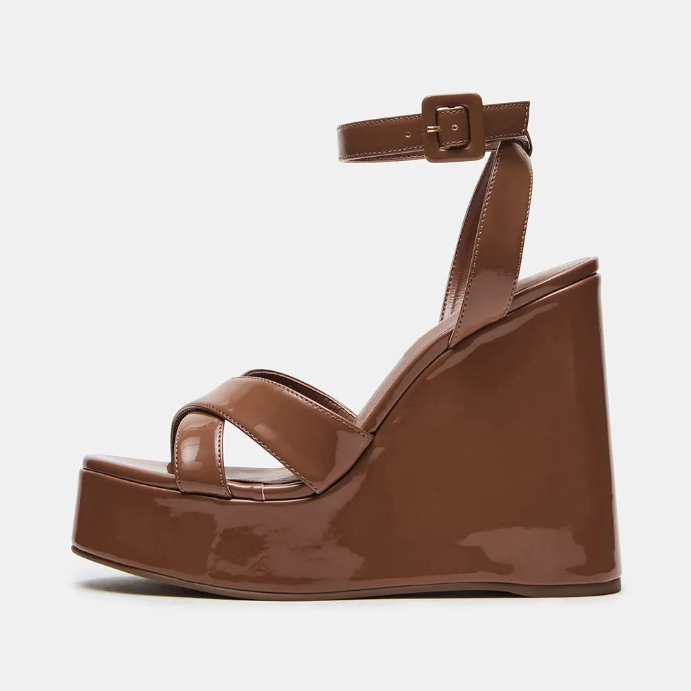 Brown Open Round Toe Wedge Heel Platform Sandals with Ankle Strap