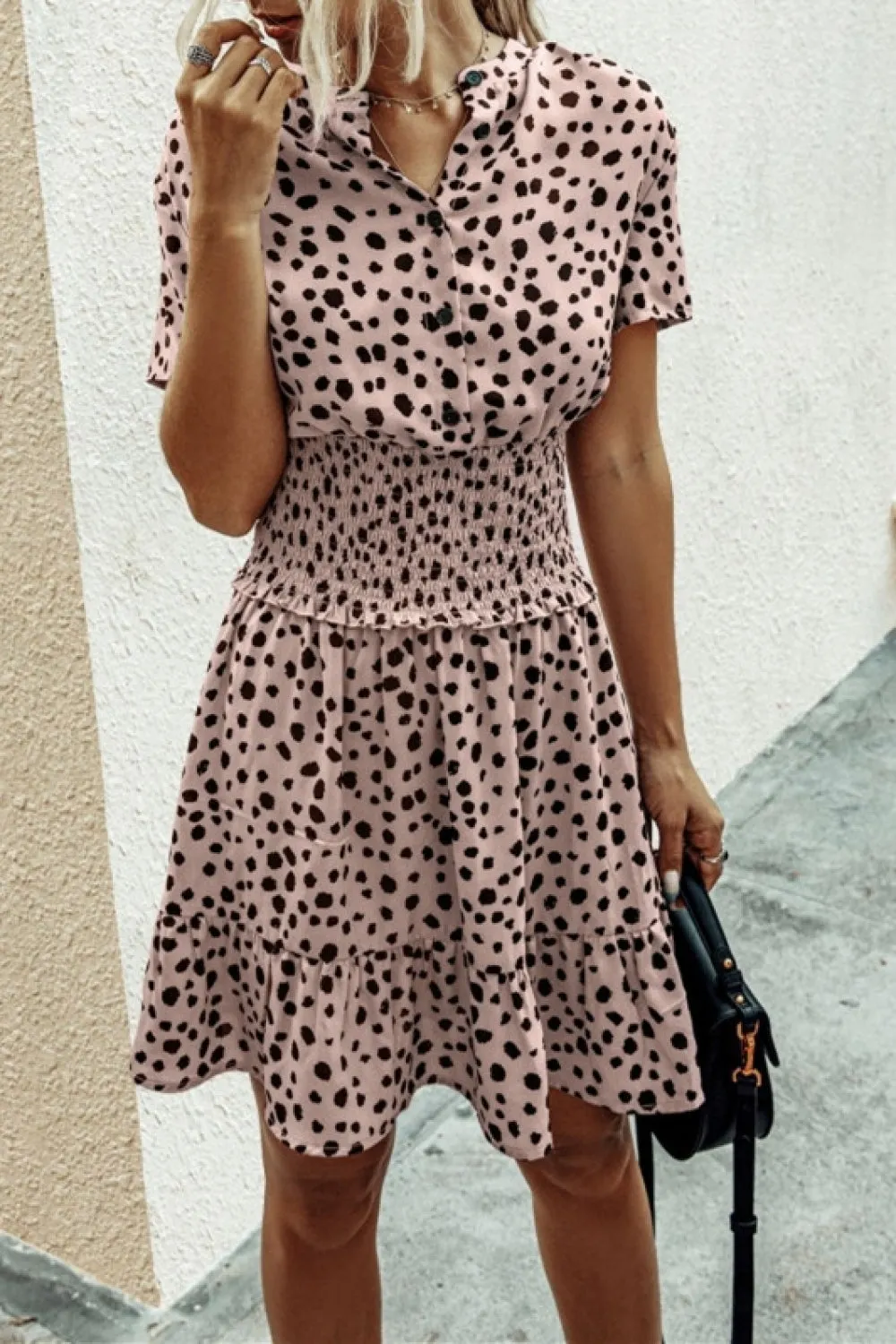 Dotted Button-Front Ruffle Dress