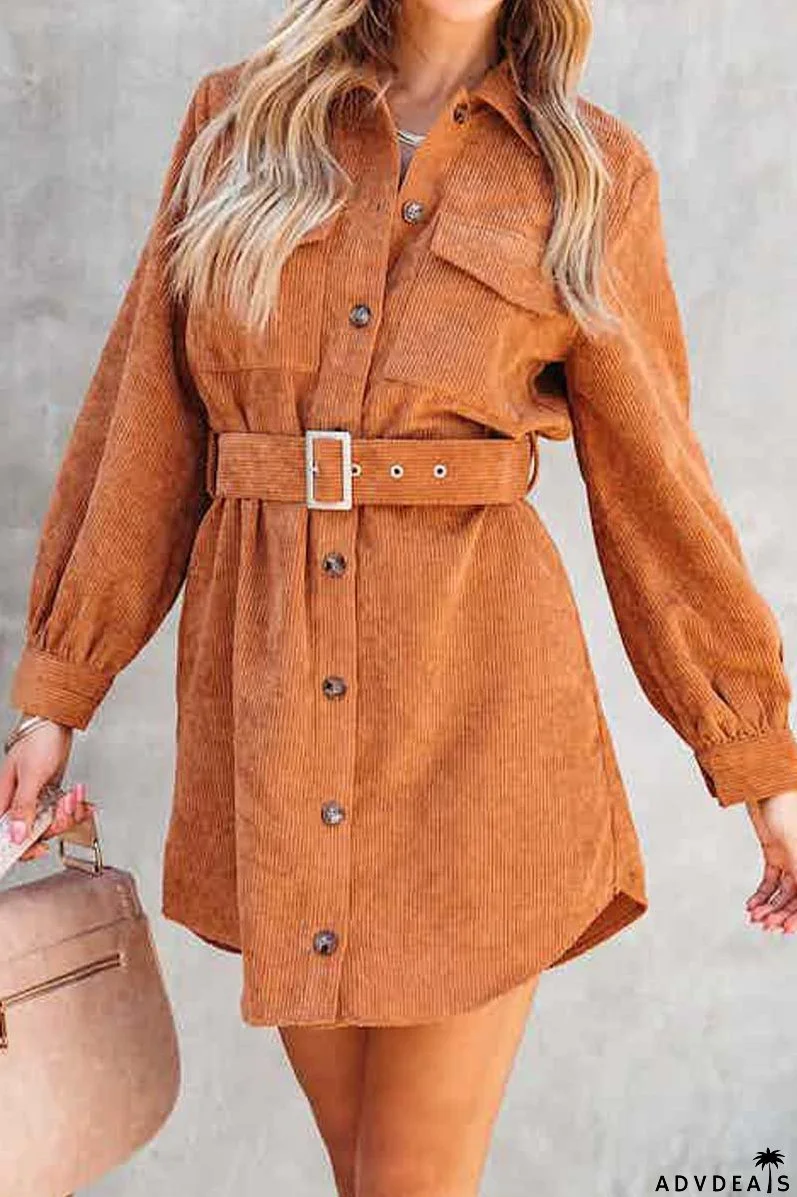 Corduroy Belted Button Down Shirt Dress