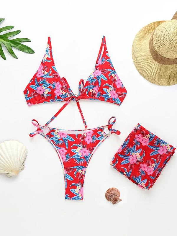 Floral-Print Triangles Veil Three-Piece Bikini Swimsuit