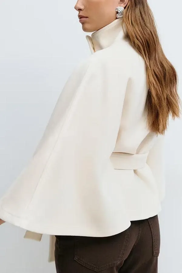 Women's Plain Front Buckle Belted Woolen Cape Coat, Casual Fall & Winter Outerwear, Stylish Daily Wear for Dating, Jackets