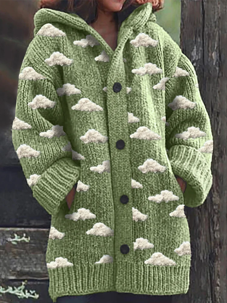 VChics Fluffy Clouds Embroidery Pattern Cozy Hooded Cardigan