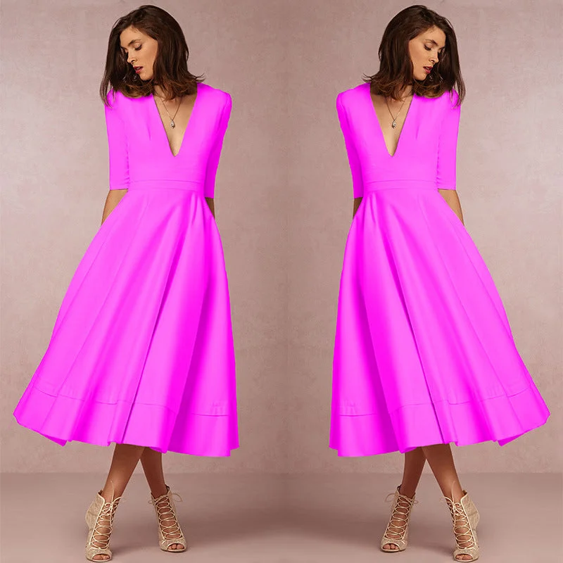 Gathered Half Sleeve A-Line Cocktail Midi Dress