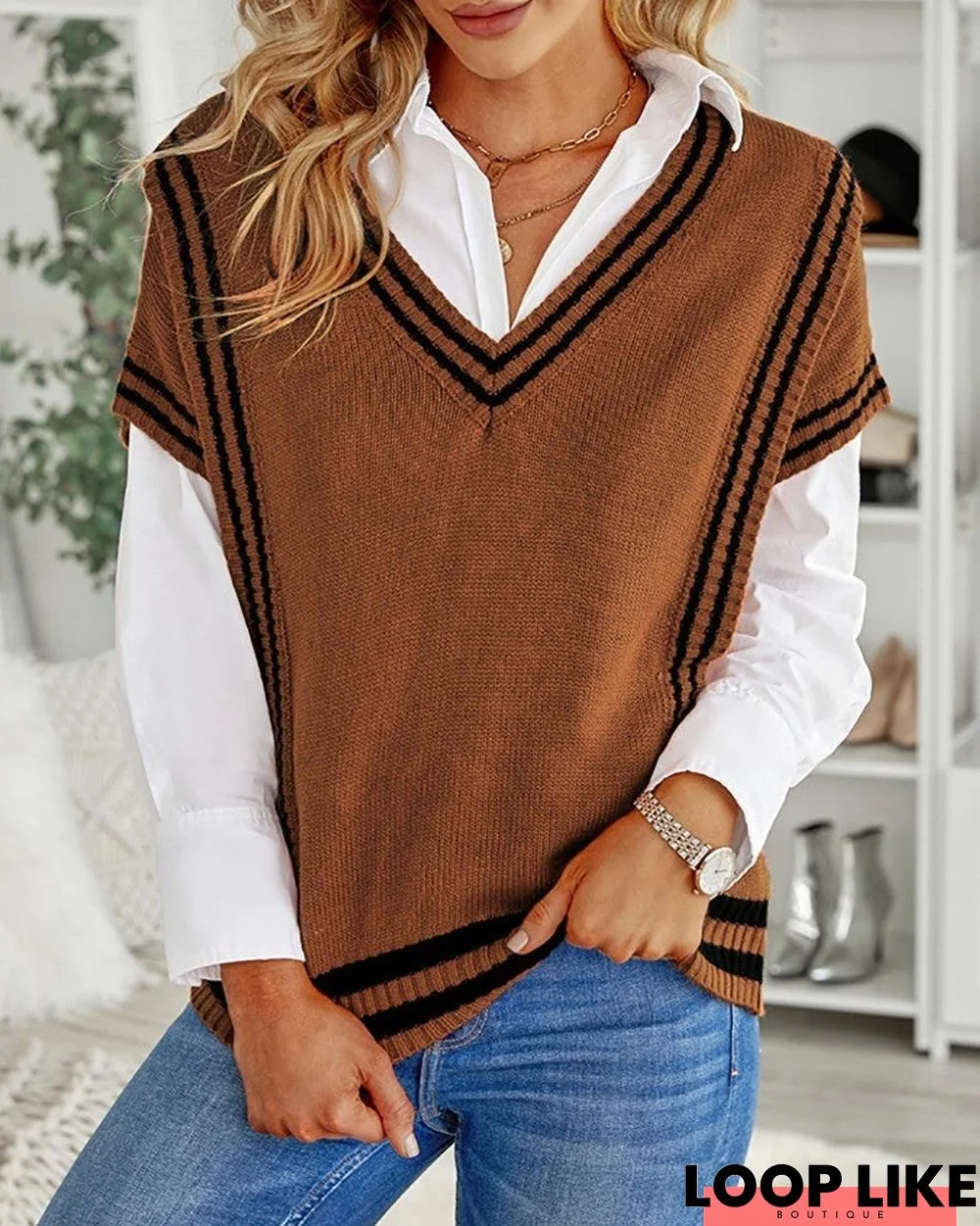 Striped Pattern V-Neck Short Sleeve Sweater